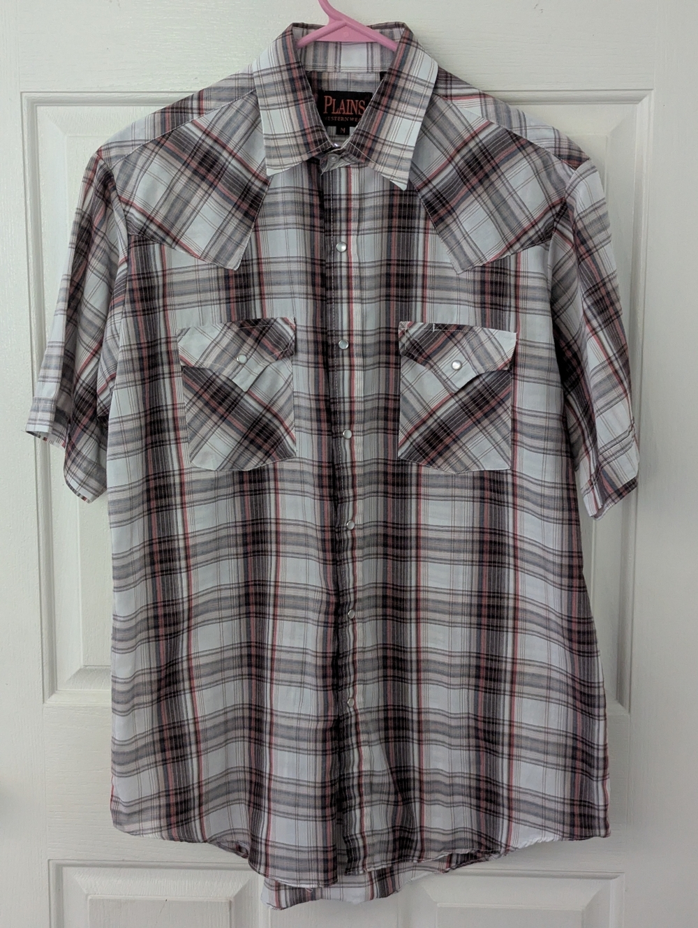 Plains Western Shirt Men Short Sleeve Plaid Pearl Snap Button Up Pocket Cowboy M